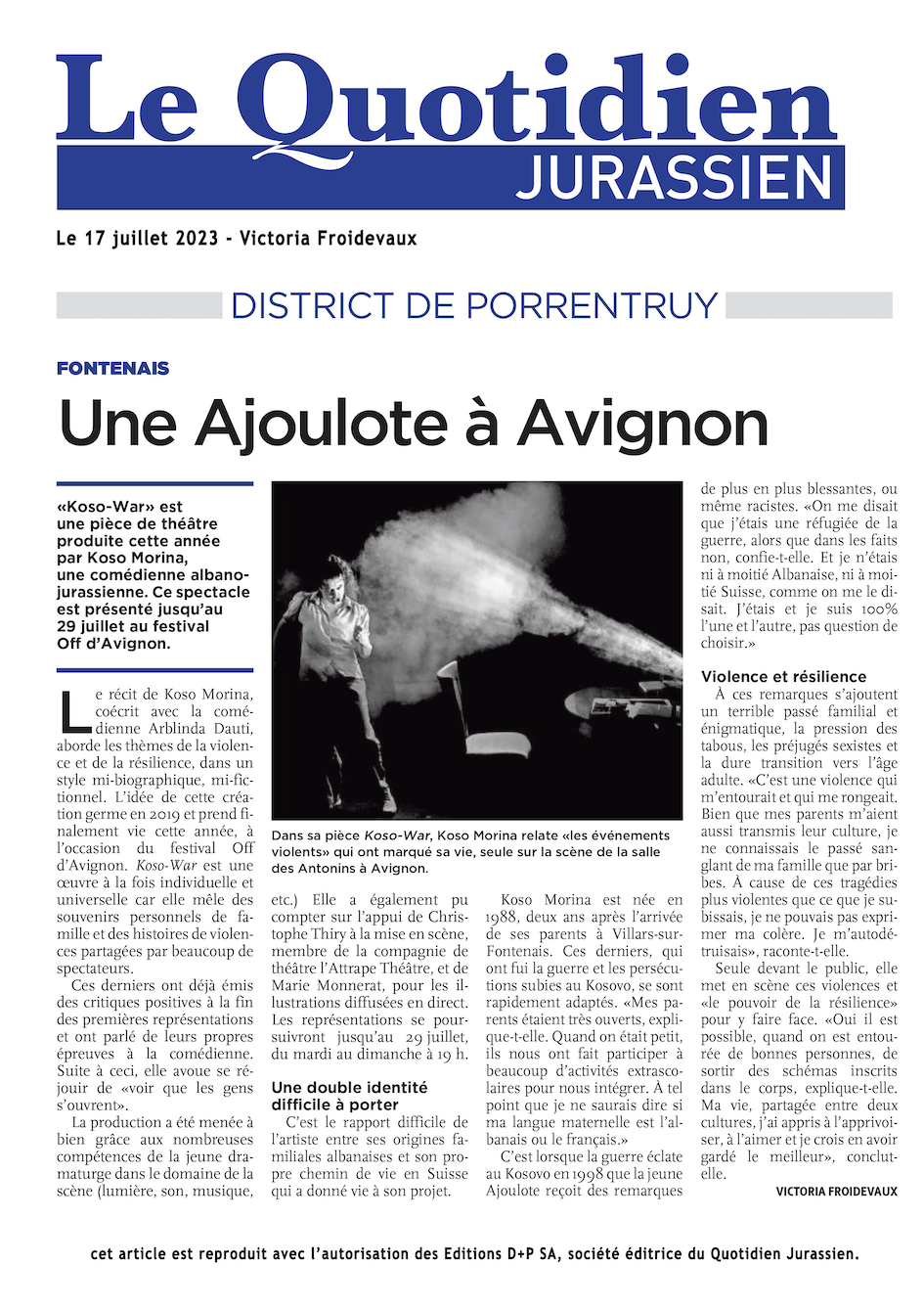 Article de presse Le Quotidien Jurassien 17 juillet 2023